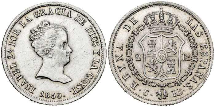 Cy15998.- ISABEL II - 2 Reales 1850 SEVILLA R.D.  SC+
