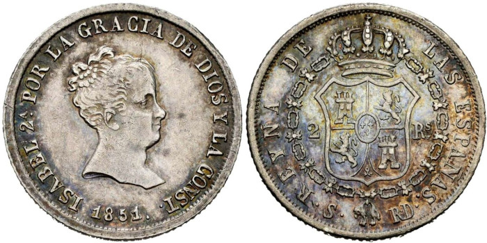 Cy16001.- ISABEL II - 2 Reales 1851 SEVILLA R.D.  EBC