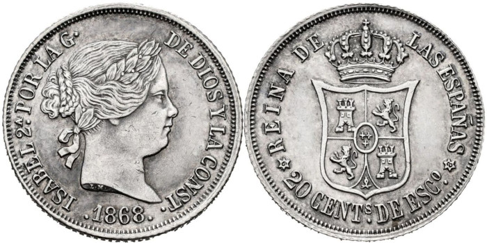 Cy16057.- ISABEL II - 20 Ctm De Escudo 1868 (6-8) MADRID.  SC 