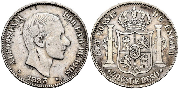 Cy16636d.- ALFONSO XII 50 Ctv. de Peso 1883 Manila - MBC-