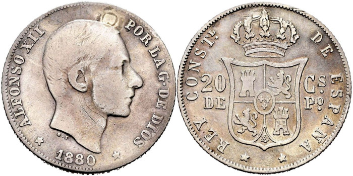 Cy16624c.- ALFONSO XII 20 Ctm. de Peso 1880 Manila - BC+