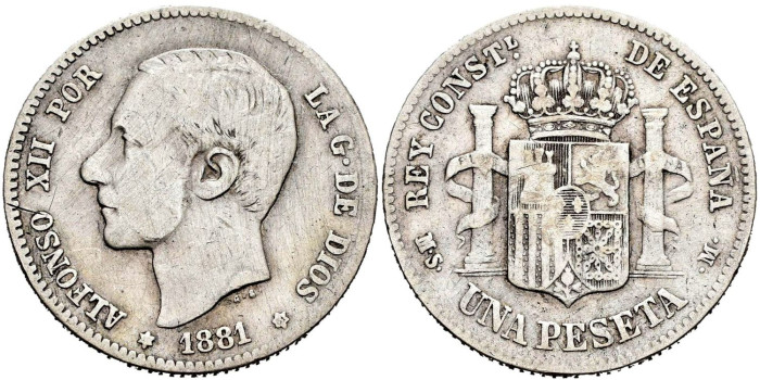 Cy16567c.- ALFONSO XII 1 Peseta 1881 (---81) M.S.M.- BC