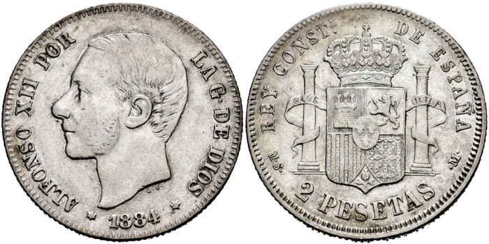 Cy16579e.- ALFONSO XII 2 Peseta 1884 (18-84) M.S.M.- MBC