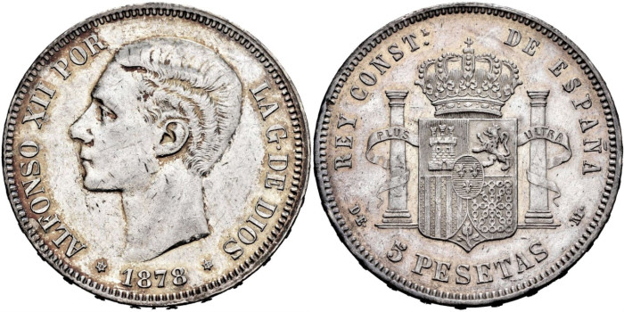 Cy16583i.- ALFONSO XII 5 Peseta 1878 (18-78) D.E.M.- EBC