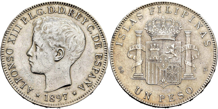 Cy16722e.- ALFONSO XIII 1 Peso 1897 S.G.V. Manila.- MBC