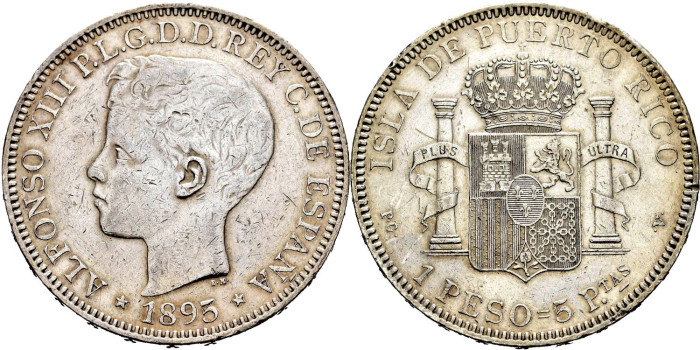 Cy16719e.- ALFONSO XIII 1 Peso 1895 S.G.V. Puerto Rico.- MBC