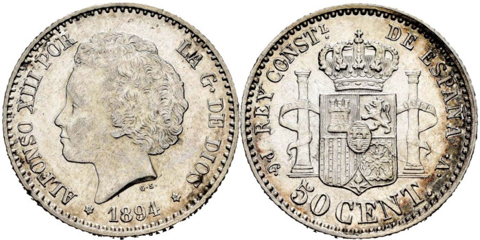 Cy16663h.- ALFONSO XIII 50 Centimos 1894 (9-4) PGV- EBC