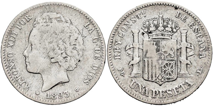 Cy16673c.- ALFONSO XIII 1 Peseta 1893 (1--93) PGV- BC