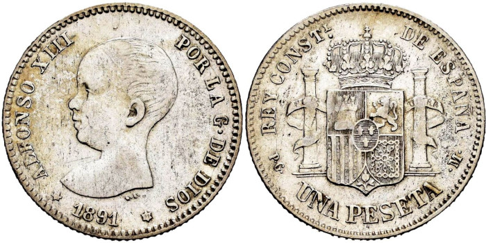 Cy16672e.- ALFONSO XIII 1 Peseta 1891 (---91) PGV- MBC