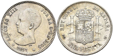 Cy16672f.- ALFONSO XIII 1 Peseta 1891 (----) PGV- MBC+