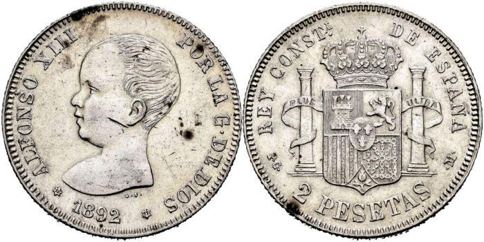 Cy16690g.- ALFONSO XIII 2 Peseta 1892 (18-92) PGM- EBC-