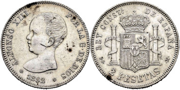 Cy16690g.- ALFONSO XIII 2 Peseta 1892 (18-92) PGM- EBC-