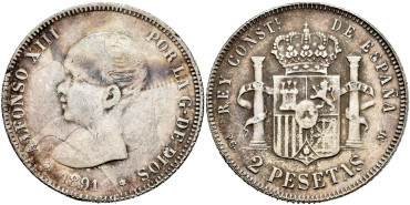Cy16689d.- ALFONSO XIII 2 Peseta 1891 (----) PGM- MBC-
