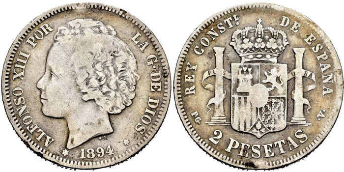Cy16691d.- ALFONSO XIII 2 Peseta 1894 (----) PGV- BC