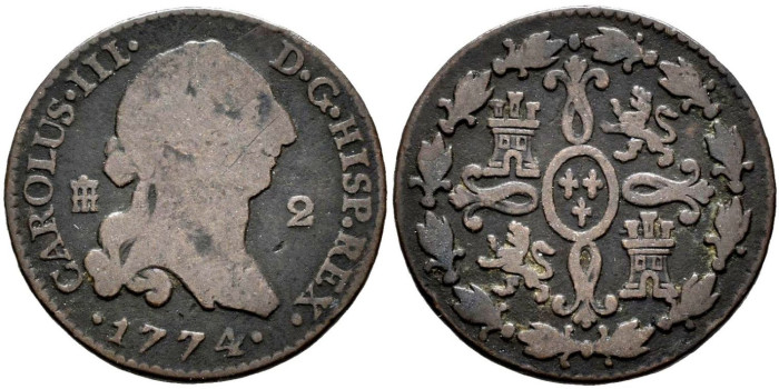 Cy10225.-CARLOS III - 2 Maravedis 1774 Segovia - BC