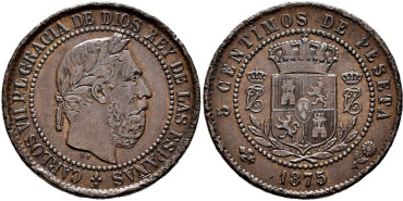 Cy16539h.- CARLOS VII 5 Centimos 1875 Belgica. Oñate MBC+