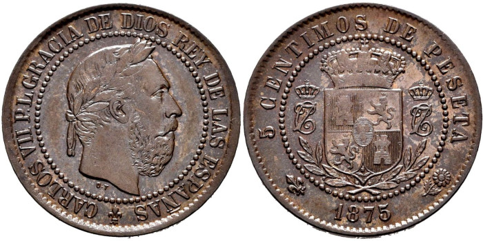 Cy16539k.- CARLOS VII 5 Centimos 1875 Belgica. Oñate. SC