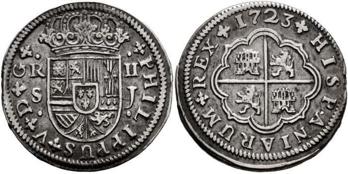Cy08175.- FELIPE V. - 2 Reales 1723 Sevilla J - MBC*