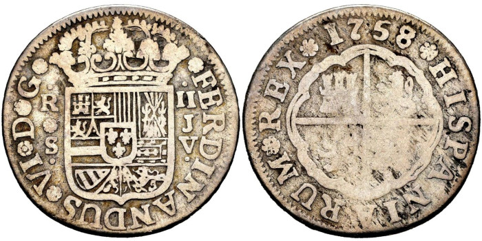 Cy09634.-FERNANDO VI - 2 Reale 1758 Sevilla J.V. - BC-