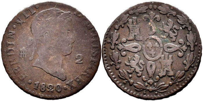 Cy13929.-FERNANDO VII -2 Maravedis 1820 Segovia - BC