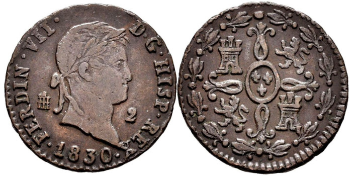 Cy13942.-FERNANDO VII -2 Maravedis 1830 Segovia - MBC