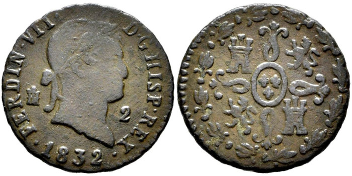 Cy13944.-FERNANDO VII -2 Maravedis 1832 Segovia - MBC
