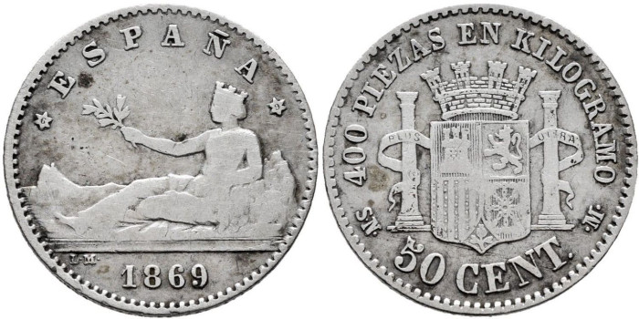 Cy16506d.- G.P Y I REPUBLICA  50 Centimos 1869 (6-9) S.N.M.- BC+