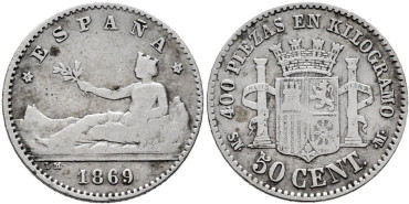 Cy16506d.- G.P Y I REPUBLICA  50 Centimos 1869 (6-9) S.N.M.- BC+