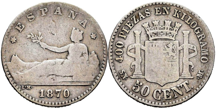 Cy16507d.- G.P Y I REPUBLICA  50 Centimos 1870 (---) S.N.M.- RC