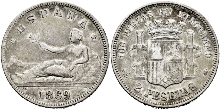 Cy16513e.- G.P Y I REPUBLICA  2 Pesetas 1869 (---69) S.N.M.- MBC