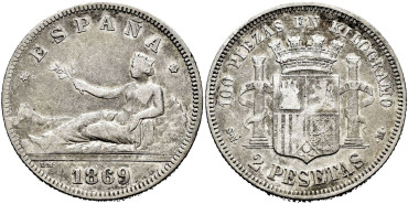 Cy16513e.- G.P Y I REPUBLICA  2 Pesetas 1869 (---69) S.N.M.- MBC