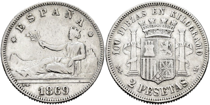 Cy16513f.- G.P Y I REPUBLICA  2 Pesetas 1869 (---69) S.N.M.- MBC+