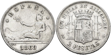 Cy16513f.- G.P Y I REPUBLICA  2 Pesetas 1869 (---69) S.N.M.- MBC+
