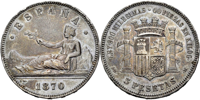 Cy16523h.- G.P Y I REPUBLICA  5 Pesetas 1870 (18-70) S.N.M.-EBC-
