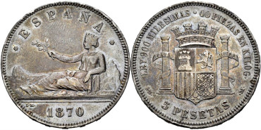 Cy16523h.- G.P Y I REPUBLICA  5 Pesetas 1870 (18-70) S.N.M.-EBC-