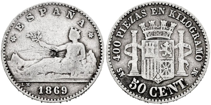 Cy16506d.- G.P Y I REPUBLICA  50 Centimos 1869 (6-9) S.N.M.- BC