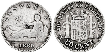 Cy16506d.- G.P Y I REPUBLICA  50 Centimos 1869 (6-9) S.N.M.- BC