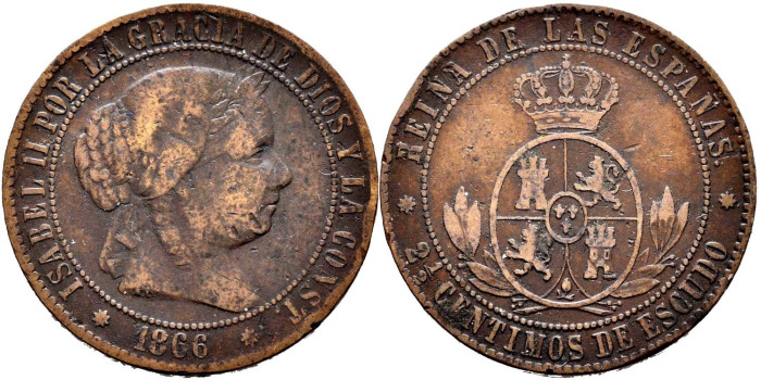 Cy15787.-ISABEL II - 2 1/2 Centimo de escudo 1866 Barcelona sin  OM- BC