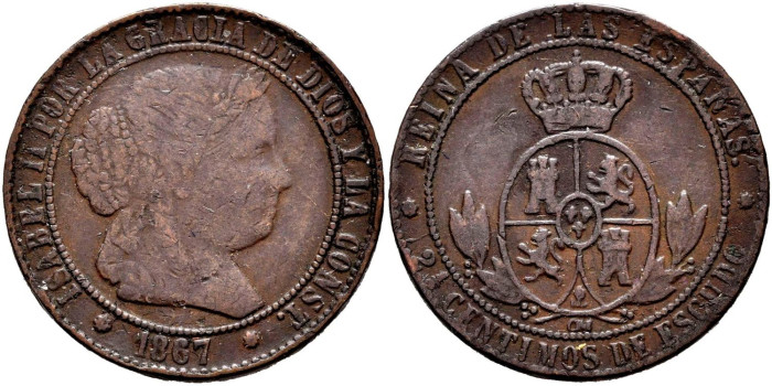Cy15792.-ISABEL II - 2 1/2 Centimo de escudo 1867 Barcelona OM- MBC-