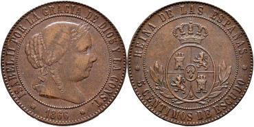 Cy15873.-ISABEL II - 5 Centimos de escudo 1866 Barcelona sin OM - MBC+