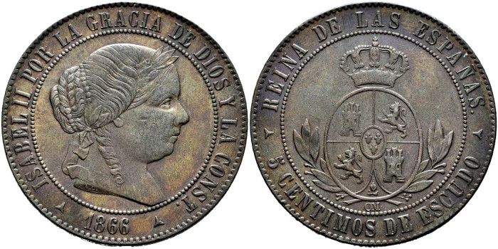 Cy15875.-ISABEL II - 5 Centimos de escudo 1866 Segovia OM - EBC-