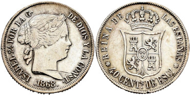 Cy16175.-ISABEL II - 40 Centimo de Escudo 1868 (18-68) Madrid - MBC