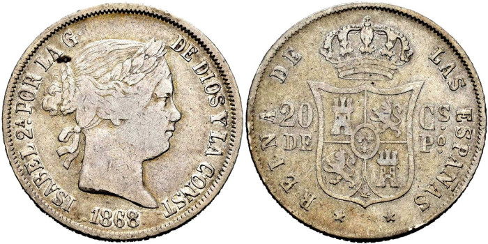 Cy16176.-ISABEL II - 20 Centimos de peso 1868 Manila - BC