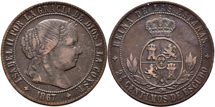 Cy15793.-ISABEL II - 2 1/2 Centimo de escudo 1867 Jubia OM- MBC