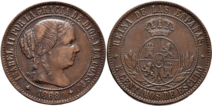 Cy15883.-ISABEL II - 5 Centimos de escudo 1868 Jubia OM - MBC+