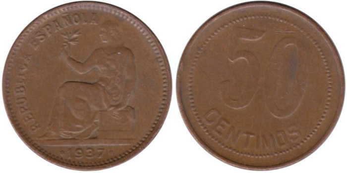 Cy16730aE.-IIREPUBLICA -  50 Céntimos 1937 estrellas no legibles MBC