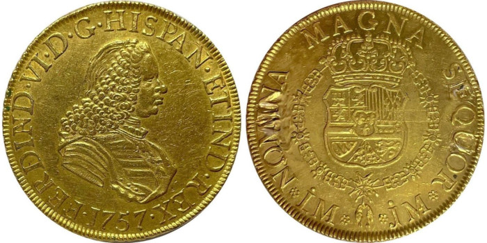Cy10160.- FERNANDO VI  8 Escudos 1757 LIMA J.M. - Oro
