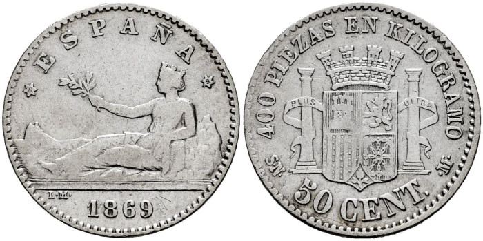 Cy16506D.-G.P Y I REPUBLICA 50 Centimos 1869(6-9) S.N.M.- MBC-