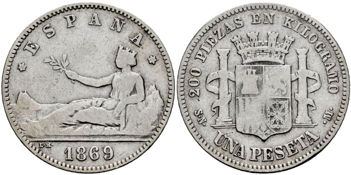 Cy16509C.-G.P Y I REPUBLICA 1 Peseta 1869(18-69) S.N.M.- BC