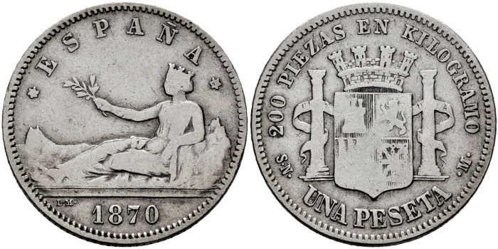 Cy16510C.-G.P Y I REPUBLICA 1 Peseta 1870(--) S.N.M.- BC